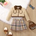 2pcs Baby Girl Contrast Collar Long-sleeve Crop Jacket and Plaid Pleated Skirt Set Khaki image 1