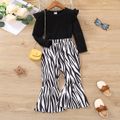 2pcs Toddler Girl Trendy Ruffled Tee and Zebra Stripe Flared Pants Set Black image 1