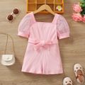 Toddler Girl Trendy Ribbed Square Neck Mesh Sleeve Belted Cotton Rompers Pink image 1