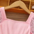 Toddler Girl Trendy Ribbed Square Neck Mesh Sleeve Belted Cotton Rompers Pink image 3