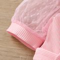 Toddler Girl Trendy Ribbed Square Neck Mesh Sleeve Belted Cotton Rompers Pink image 4