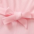 Toddler Girl Trendy Ribbed Square Neck Mesh Sleeve Belted Cotton Rompers Pink image 5