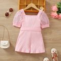 Toddler Girl Trendy Ribbed Square Neck Mesh Sleeve Belted Cotton Rompers Pink image 2