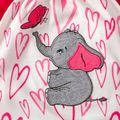 2pcs Baby Girl Cartoon Elephant and Love Heart Print Frill Long Raglan Sleeve Jumpsuit with Headband Set Red