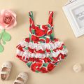 Baby Girl All Over Red Watermelon Print Spaghetti Strap Layered Lace Ruffle Romper Red image 2