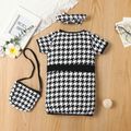 3pcs Baby Girl Button Front Short-sleeve Houndstooth Dress and Square Bag with Headband Set BlackandWhite