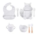 8Pcs Silicone Baby Feeding Tableware Set Includes Suction Bowl & Divided Plates & Adjustable Bib & Straw Sippy Cup with Lid & Forks & Spoons White image 4