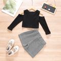 2-piece Toddler Girl Cold Shoulder Long-sleeve Black Top and Button Design Houndstooth Shorts Set Black