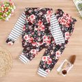 2-piece Toddler Girl Floral Print Striped Hoodie and Elasticized Pants Set Black
