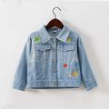 Kid Girl 100% Cotton Rainbow Flamingo Stars Fruit Embroidery Lapel Collar Button Design Denim Jacket Coat Light Blue