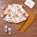 2-piece Toddler Girl Floral Print Button Design Corduroy Flutter Long-sleeve Top and Solid Pants Set Yellow