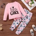 2-piece Toddler Girl Letter Print Tie Knot Long-sleeve Pink Tee and Camouflage Print Pants Set Pink