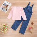 2-piece Toddler Girl Ruffled Long-sleeve Pink Top and Floral Patchwork Ripped Denim Overalls Set Pink
