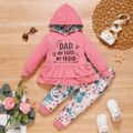 2-piece Toddler Girl Letter Floral Print Layered Hem Hooded Sweatshirt and Pants Set Mauve Pink