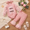 3pcs Baby Girl Letter Print Pink Ribbed Daisy Design Mesh Long-sleeve Romper and Flared Pants Set Dark Pink