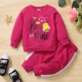 2pcs Baby Girl Cartoon Bee and Letter Print Hot Pink Long-sleeve Sweatshirt with Sweatpants Set Hot Pink