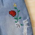 Toddler Girl Floral Embroidered Blue Ripped Denim Jeans Blue