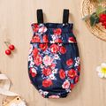 Baby Girl Ribbed Solid/Floral-print Sleeveless Ruffle Romper Multi-color