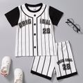 2pcs Toddler Boy Sporty Letter Number Print Stripe Tee & Shorts Set Black/White
