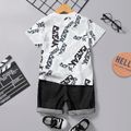 2pcs Toddler Boy Trendy Ripped Denim Shorts & Letter Print Tee Set Black image 2