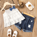 2-piece Toddler Girl Bowknot Design Schiffy White Camisole and Ripped Denim Shorts Set White