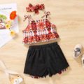 2pcs Toddler Girl Allover Print Bowknot Design Camisole and Denim Shorts Set YellowBrown image 2