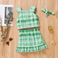 2pcs Toddler Girl Button Design Green Plaid Camisole and Ruffle Skirt Set Green