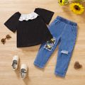 2pcs Toddler Girl Schiffy Design Short-sleeve Black Tee and Patchwork Ripped Denim Jeans Set Black