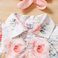 2pcs Baby Girl All Over Pink Floral Print Short-sleeve Belted Button Up Dress with Headband Set Pink