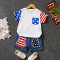 Independence Day 2pcs Toddler Boy Casual Patchwork Ripped Denim Shorts and Pocket Design Tee Set White
