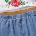 2pcs Toddler Girl Floral Print Square Neck Flutter-sleeve White Tee and Lace Design Denim Skirt Set White