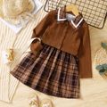 2pcs Toddler Girl Lapel Collar Plaid Sleeveless Dress and Cable Knit Long-sleeve Cardigan Set Reddishbrown