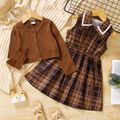 2pcs Toddler Girl Lapel Collar Plaid Sleeveless Dress and Cable Knit Long-sleeve Cardigan Set Reddishbrown image 2