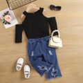 2pcs Toddler Girl Trendy Ripped Denim Jeans and Cold Shoulder Long-sleeve Tee Set Blue