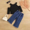 2pcs Toddler Girl Trendy Ripped Denim Jeans and Cold Shoulder Long-sleeve Tee Set Blue image 2
