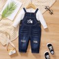 2pcs Baby Boy/Girl Milk and Beer Bottle & Letter Print Long-sleeve Tee and Ripped Denim Overalls Set White image 3