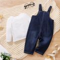 2pcs Baby Boy/Girl Milk and Beer Bottle & Letter Print Long-sleeve Tee and Ripped Denim Overalls Set White image 2