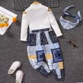 3pcs Toddler Girl Boho Mock Neck Cold Shoulder Tee and Exotic Pants & Scarf Set White image 3
