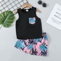 2pcs Toddler Boy Vacation Floral Print Tank Top & Quick Dry Shorts Set Black
