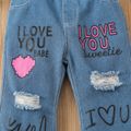 Toddler Girl Letter Print Flared Ripped Denim Jeans Blue