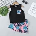 2pcs Toddler Boy Vacation Floral Print Tank Top & Quick Dry Shorts Set Black image 1