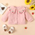 Solid Doll Collar Design Cherry Embroidery Decor Long-sleeve Pink or Beige or Red Baby Coat Jacket Pink