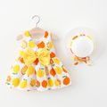100% Cotton 2pcs Baby Girl All Over Lemon Print V Neck Sleeveless Bowknot Dress with Hat Set White image 1