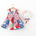 100% Cotton 2pcs Baby Girl All Over Colorful Floral Print Sleeveless Bowknot Dress with Hat Set Pink image 3
