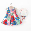 100% Cotton 2pcs Baby Girl All Over Colorful Floral Print Sleeveless Bowknot Dress with Hat Set Pink image 4
