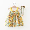 2pcs Toddler Girl Floral Print Bowknot Design Cami Dress and Headband Set Yellow