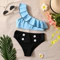 2pcs Kid Girl Flounce One Shoulder Top and Button Design Briefs Swimsuit Set Light Blue image 1