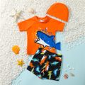 3pcs Toddler Boy Vacation Shark Print Tee & Shorts and Cap Swimsuit Set Orange