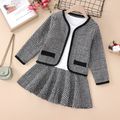 2-piece Kid Girl Houndstooth Cardigan and Long-sleeve Stitching Dress Set Black