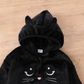 2-piece Kid Girl Cat Embroidered Button Design Fuzzy Hooded Sweatshirt and Solid Pants Set Black